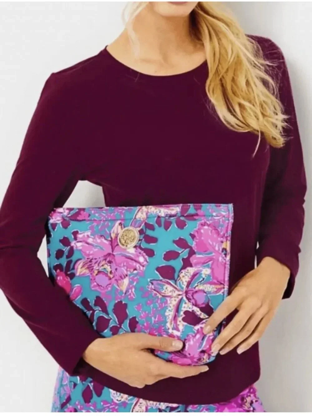 Lilly Pulitzer Orchid You Not Swim NEOPRENE ZIP POUCH Beach Travel Teal/Pink